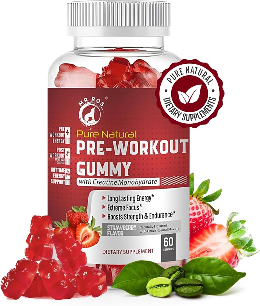 Pure Natural Pre-Workout Gummies with Creatine Monohydrate & Green Coffee Bean Extract - Energy, Focus, Endurance Boost, Strawberry Flavor, 60 Gummies