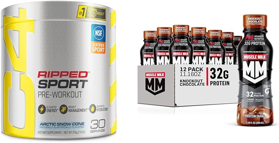 C4 Ripped Sport Pre Workout Toz Arctic Snow Cone & Muscle Milk Pro Gelişmiş Beslenme Protein Shake, Knockout Chocolate, 11.16 Fl Oz (Brook of 12)