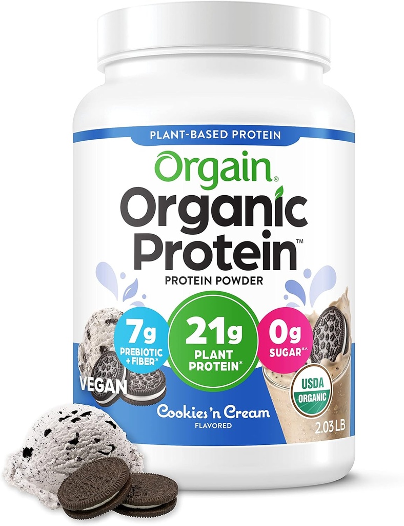 Orgain Organic Vegan Protein Toz, Kurabiyeler ve Krem - 21g Plant bazlı Protein, 7g Prebiyotik Fiber, Low Net Carb, No Lactose Materialss, NoEDIT Sugar, Non-GMO, For Shakes & Smoothies, 2.03 lb