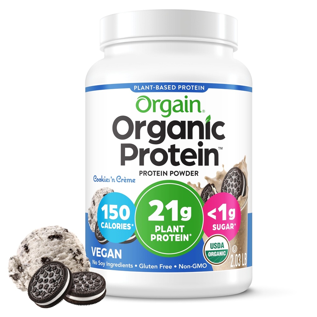 Orgain Organic Vegan Protein Toz, Kurabiyeler ve Krem - 21g Plant bazlı Protein, 7g Prebiyotik Fiber, Low Net Carb, No Lactose Materialss, NoEDIT Sugar, Non-GMO, For Shakes & Smoothies, 2.03 lb