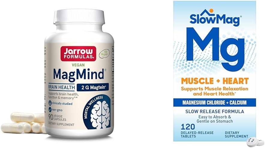 Jarrow Formulas MagMind Brain Health with Magtein (Magnesium L-Threonate) & SlowMag Muscle + Heart Chloride withuba Supplement