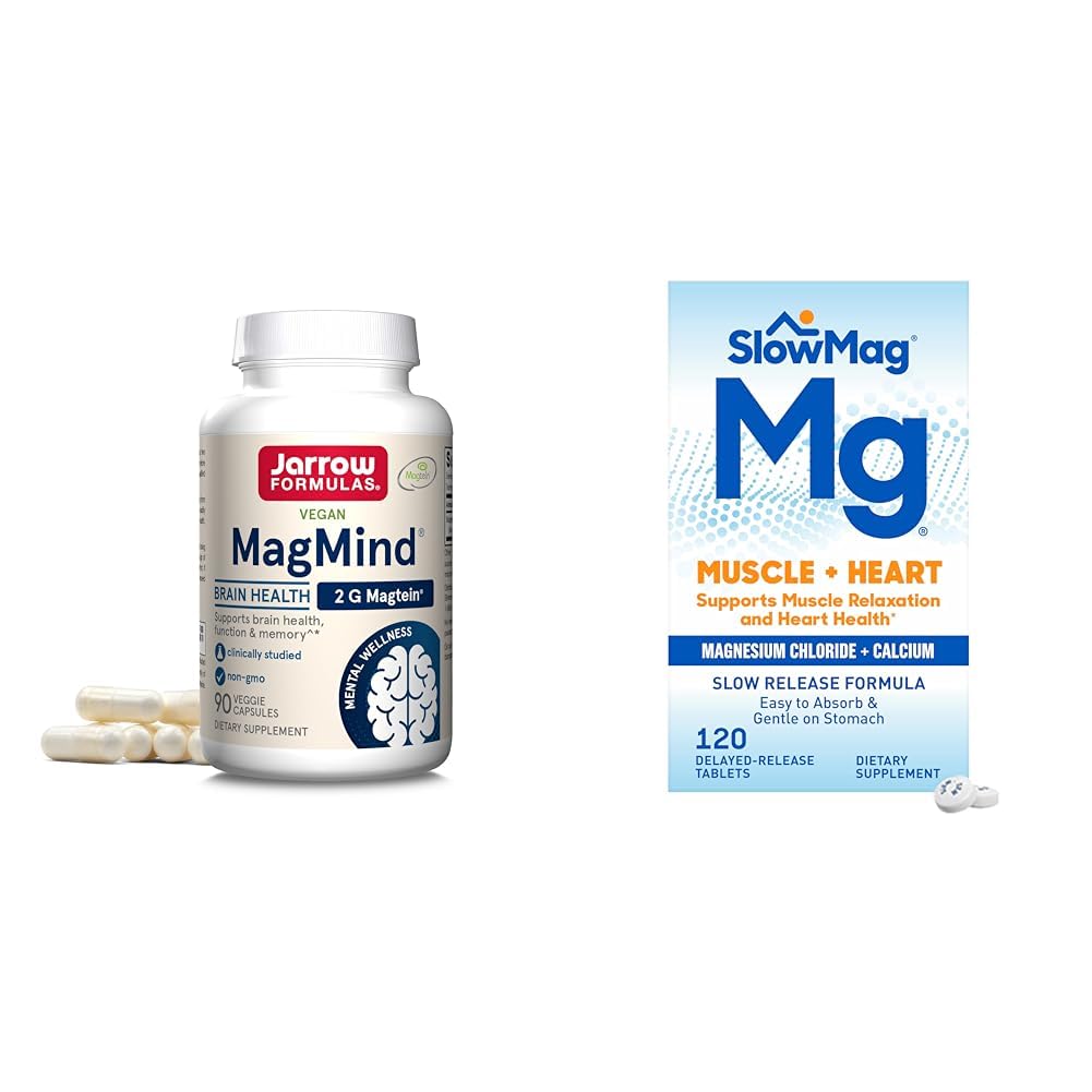 Jarrow Formulas MagMind Brain Health with Magtein (Magnesium L-Threonate) & SlowMag Muscle + Heart Chloride withuba Supplement