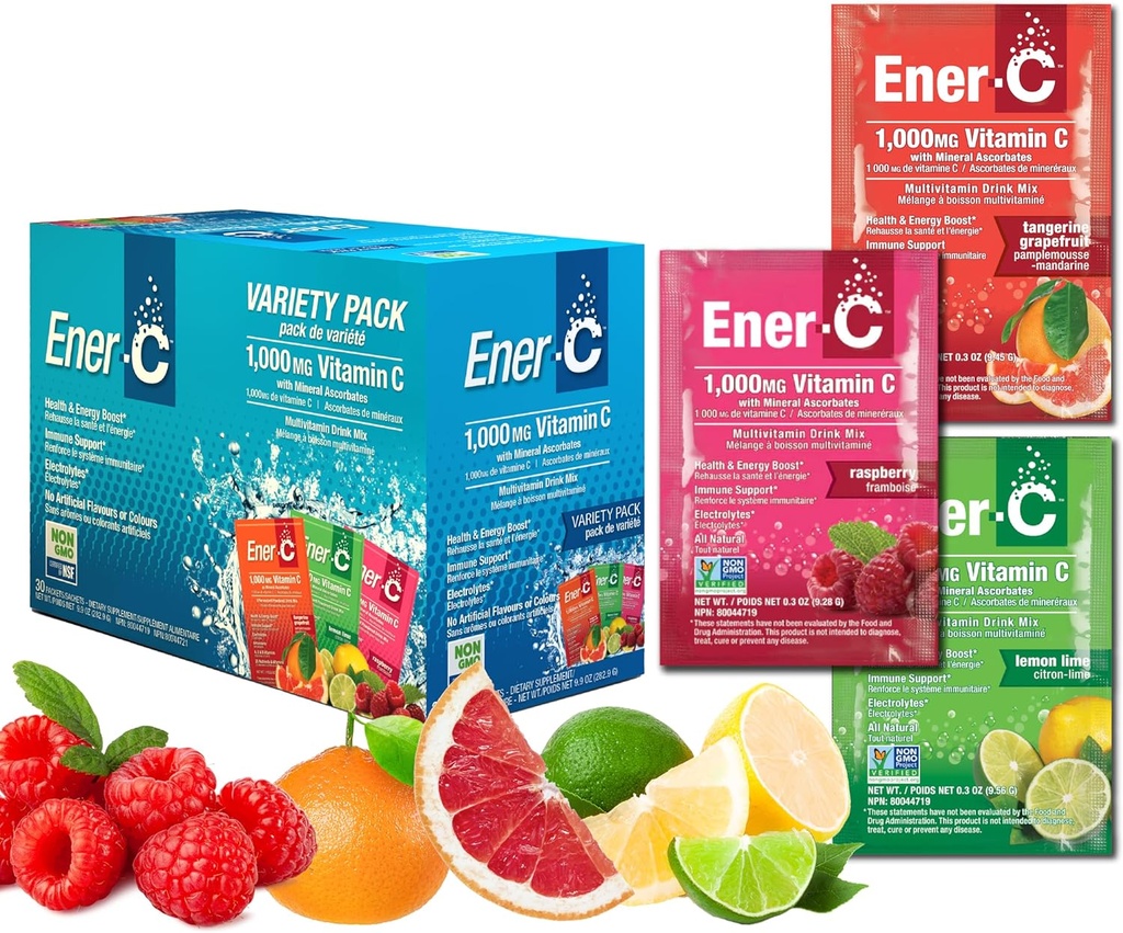 Ener-C Diversity Pack Multivitamin Drink Mix Toz C 1000 mg & Electrolytes with Real Fruit Juice Natural Energy & Immune Support for Women & Men - Non-GMO Vegan & Gluten Free - 30 Count