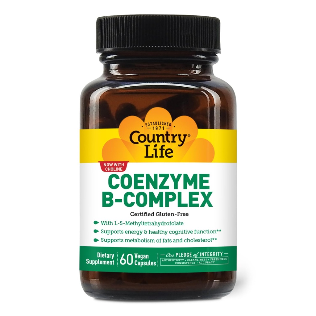 Country Life Coenzyme B-Complex, 60 Capsules – Supports Energy & Metabolism, Mood & Cognitive Function – Vegan, Gluten-Free, Bio available B Vitamins with Choline
