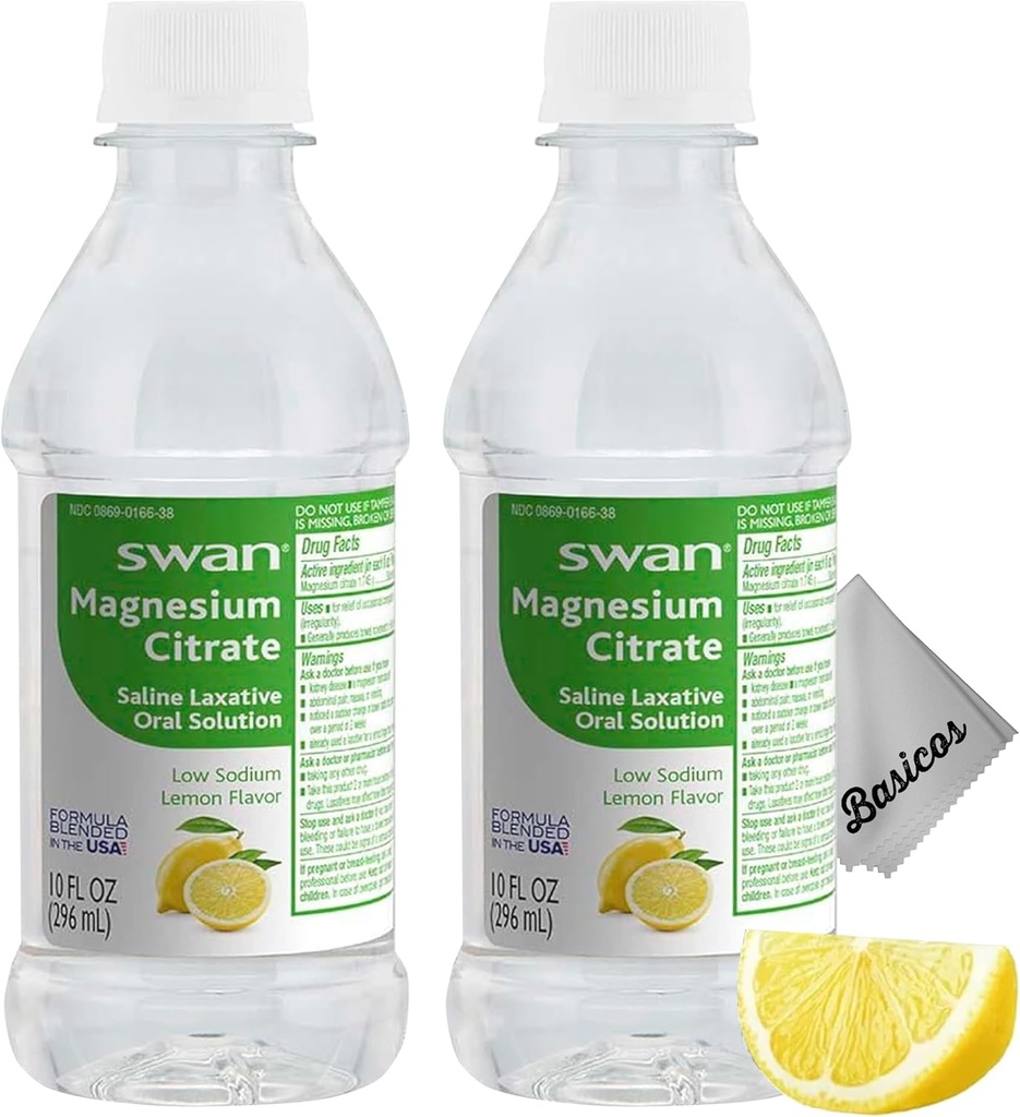 BASICOS 2Pack Swan Lemon Citrate Oral Çözüm 10 oz- Laxative Supplement for Constipation Relief, Regularity - Bonus Microfiber Kumaş