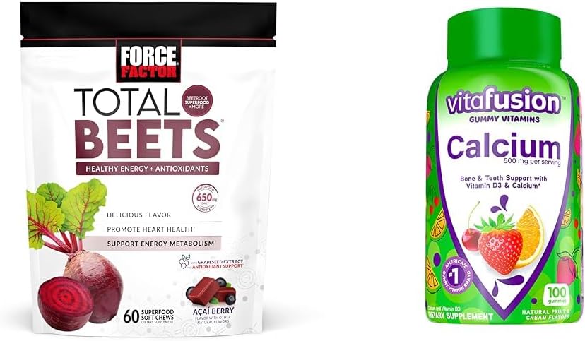 Force Factor Total Beets Chews for Heart Health with vitafüzyondis Gummies for Bone & Teeth Support, 60 & 100 Count