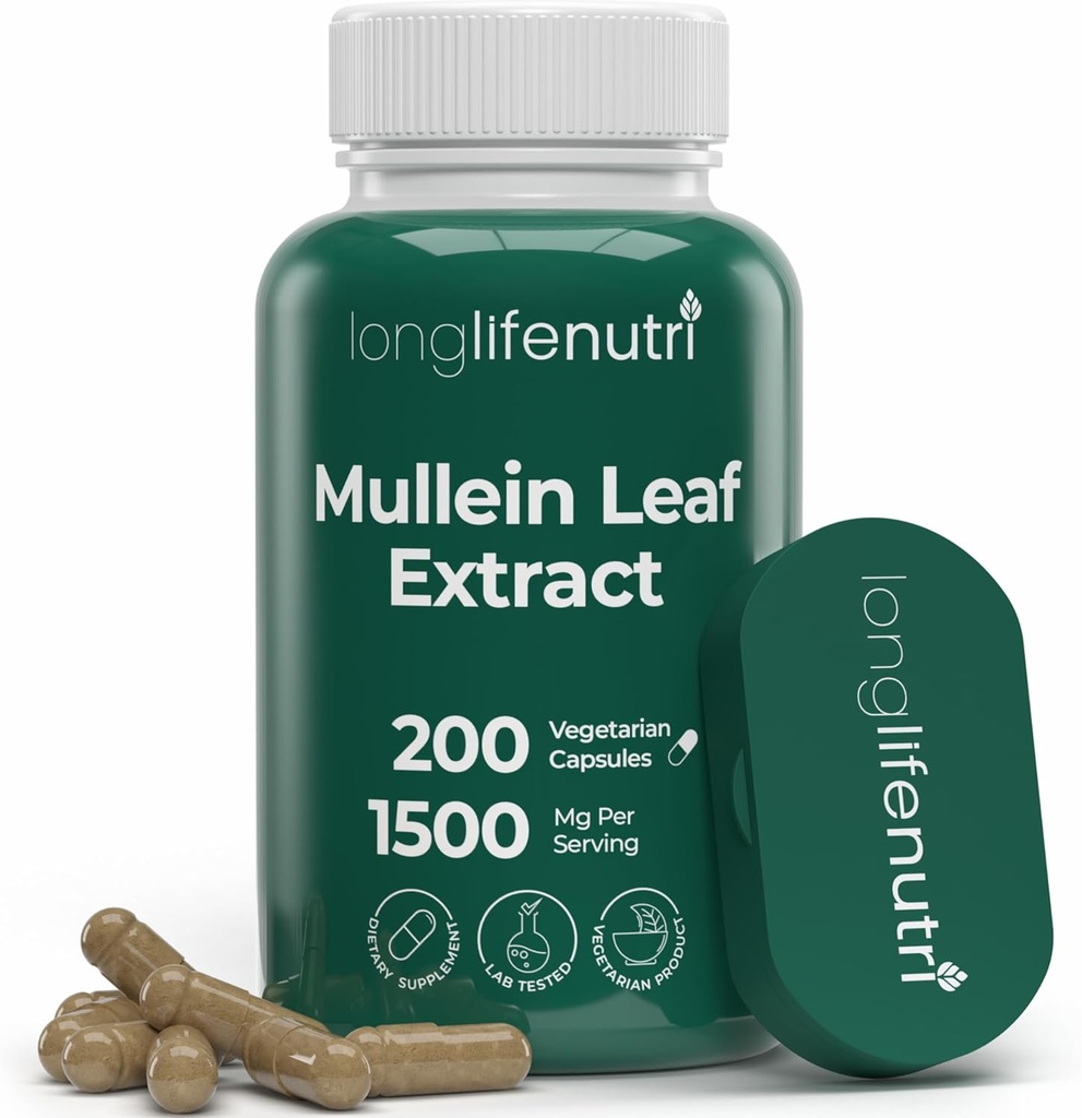 LongLifeNutri Mullein Leaf 1500mg 10:1 Extract - 200 κάψουλες χορτοφάγων, από οργανική σκόνη φύλλων Mullein, συμπλήρωμα βοτάνων για την αναπνευστική φροντίδα, 2-μηνη προμήθεια, μη GMO, GMP Certified, Made in USA
