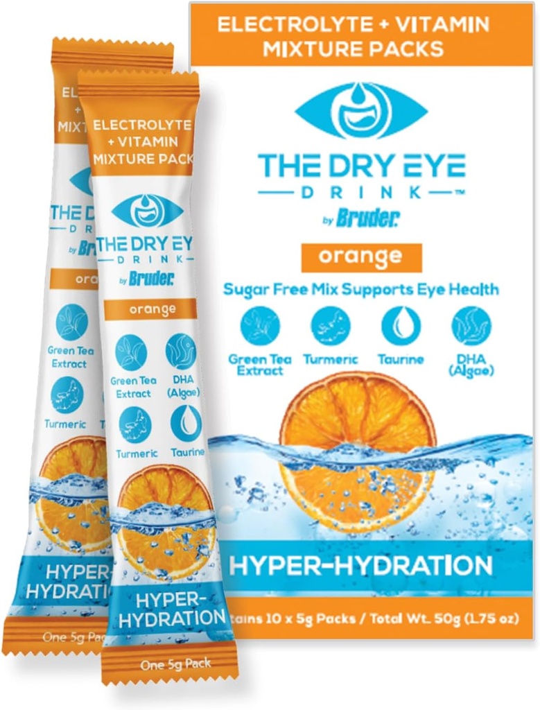 Kuru Gözler l Sugar-Free Electrolyte Toz Paketleri Vitaminlerle Ölmüş, Yeşil Çay, Turmeric, Taurine ve DHA l 5g x 10 Packets (Orange)