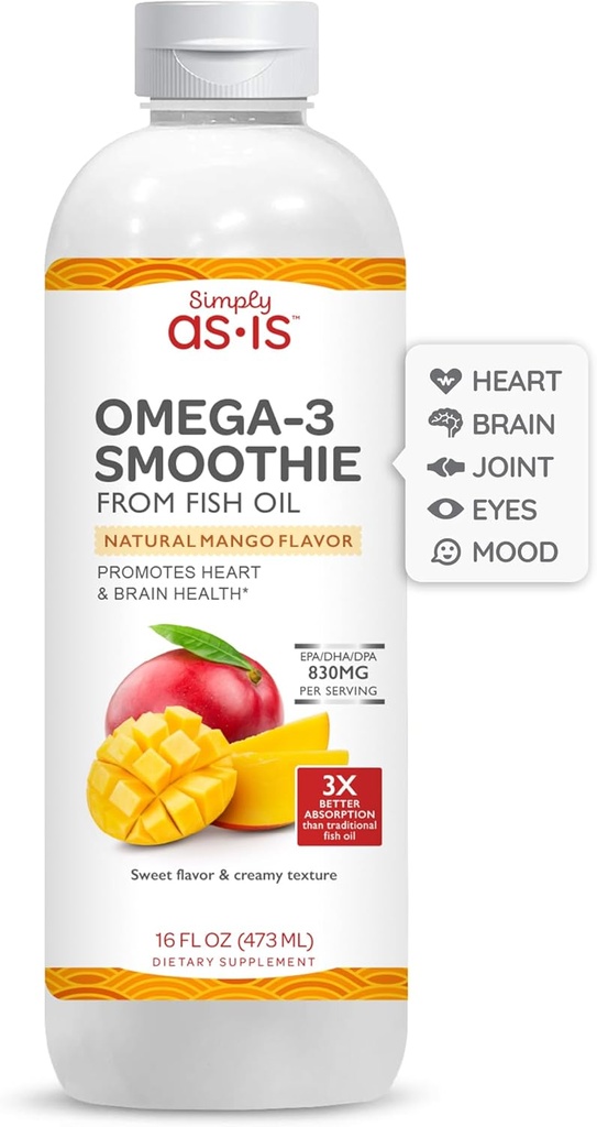AS-IS sadece 16 fl oz (31 hizmet) | Omega-3 Balık Yağı | Kalp ve Beyin Sağlığı | Süt & Şeker Ücretsiz | Doğal Mango Flavor