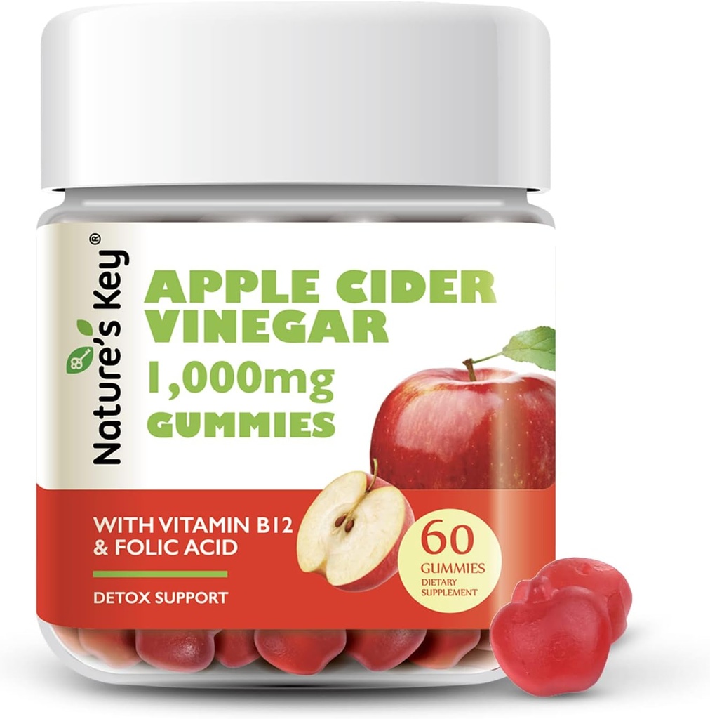 Nature's Key Apple Cider Vinegar Gummies -1000 mg 60 Kont, Kilo kaybı, Digestion, Natural Detox & Cleanse | Vegan, Non-GMO, Gluten Free| with Folic Acid Vitamin B6 B12 Beetroot Pomegranate
