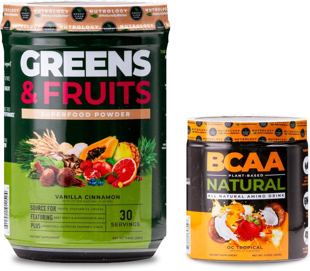 Nutrology Greens & Fruits Toz-Doly Sourced Superfood, Vanilla Cinnamon (30 hizmet) BCAA Natural, Plant Based BCAA Toz, Orange Coconut Flavor (30 hizmet)