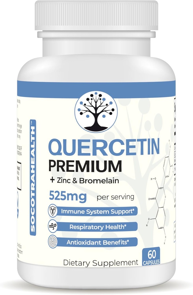 Quercetin Premium with Zinc and Bromelain - Immune System and Respiratory Health Support - Antioxidant Benefits - Non-GMO, Gluten-Free - 60 Vegan Capsules