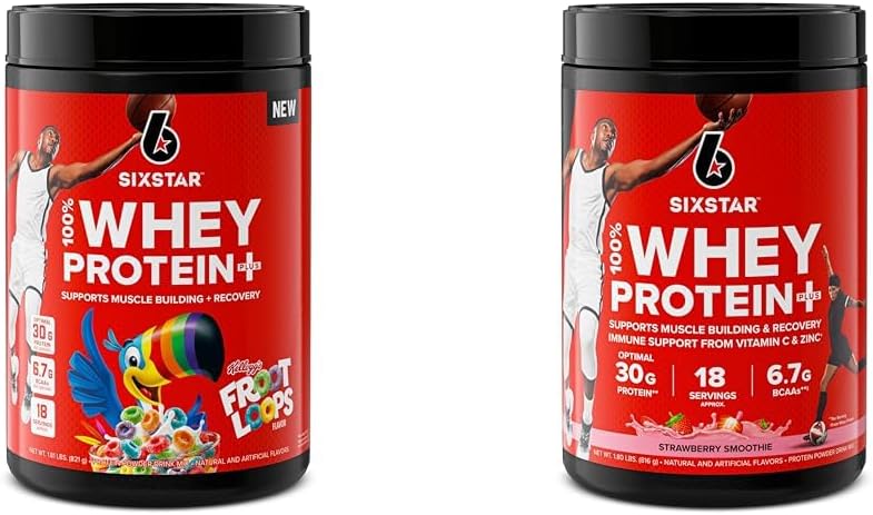 Six Star Whey Protein Toz Froot Rings Flavor & Strawberry Smoothie | Muscle Building & Recovery Plus Immune Support | 30g Protein | Erkekler & Kadınlar