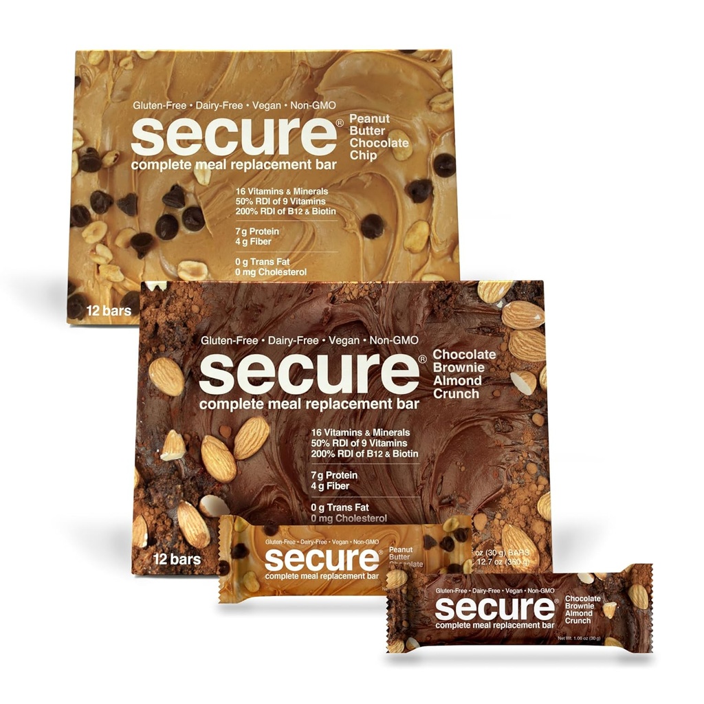 ANDREW LESSMAN Secure Complete Meal Change Bars - 7g Vegan Protein Bars. Inulin Fiber. Low Calorie, Gluten ve Dairy-Free 24, Çeşitli Paket: Chocolate Brownie ve Peanut Butter Chocolate Chip)