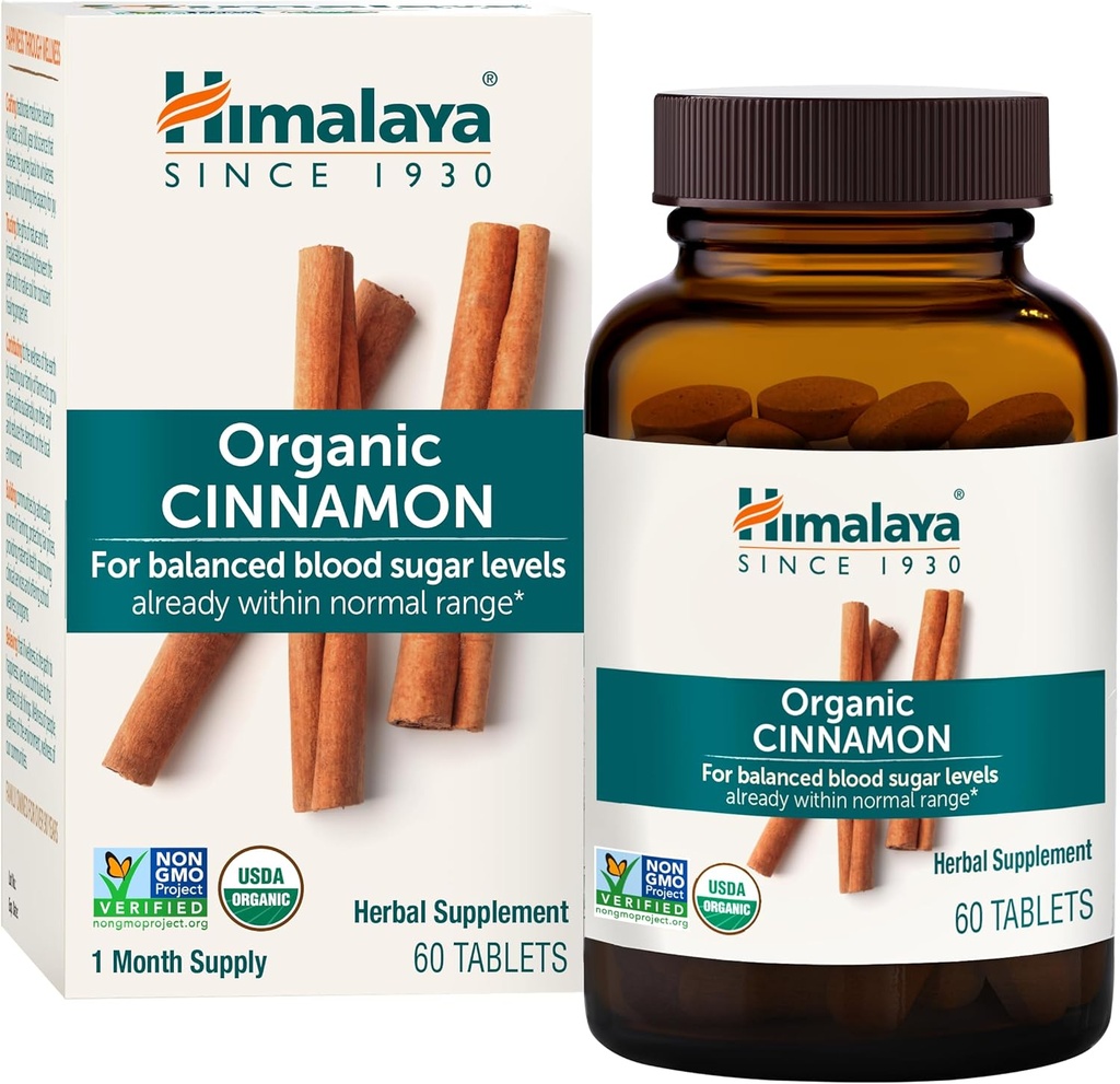 Himalaya Organik Cinnamon, 30 Günlük Supply - Herbal Glucose Metabolism Desteği - USDA Organik, Non-GMO, Vegan, Gluten Free, 1100 mg, 60 Tabletler