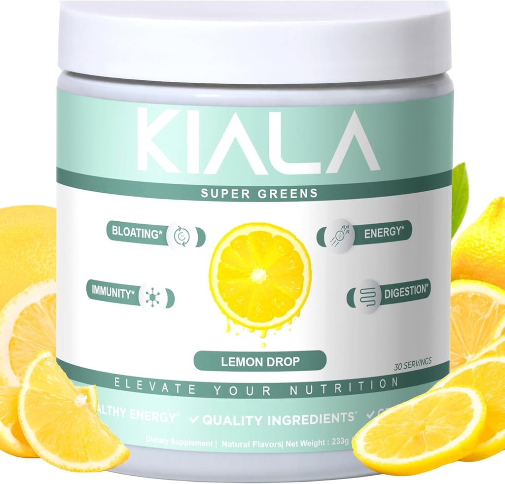Διατροφή Kiala Super Greens, Βιολογικά Πράσινα Σκόνη με Spirulina & Chlorella για Digestion, Υγεία κόκκων, Ανοσία, Ενέργεια, Χωρίς γλουτένη, Vegan, Χωρίς ζάχαρη, Spectra Blend, Lemon Drop, 30 Σερβιέτες