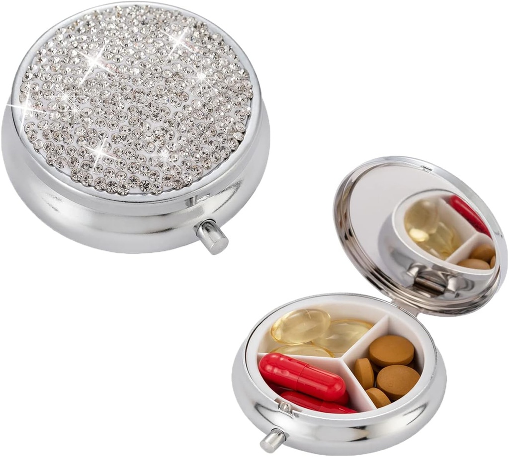 Bling Pill Box, 3 Compartment Medicine Pill Case Holder, Bling Crystal Rhinstones Αδιάβροχη Pocket Pill Case Ound Medicine Organizer for Vitamin/Fish Oils/Supplement. (Ασημί)
