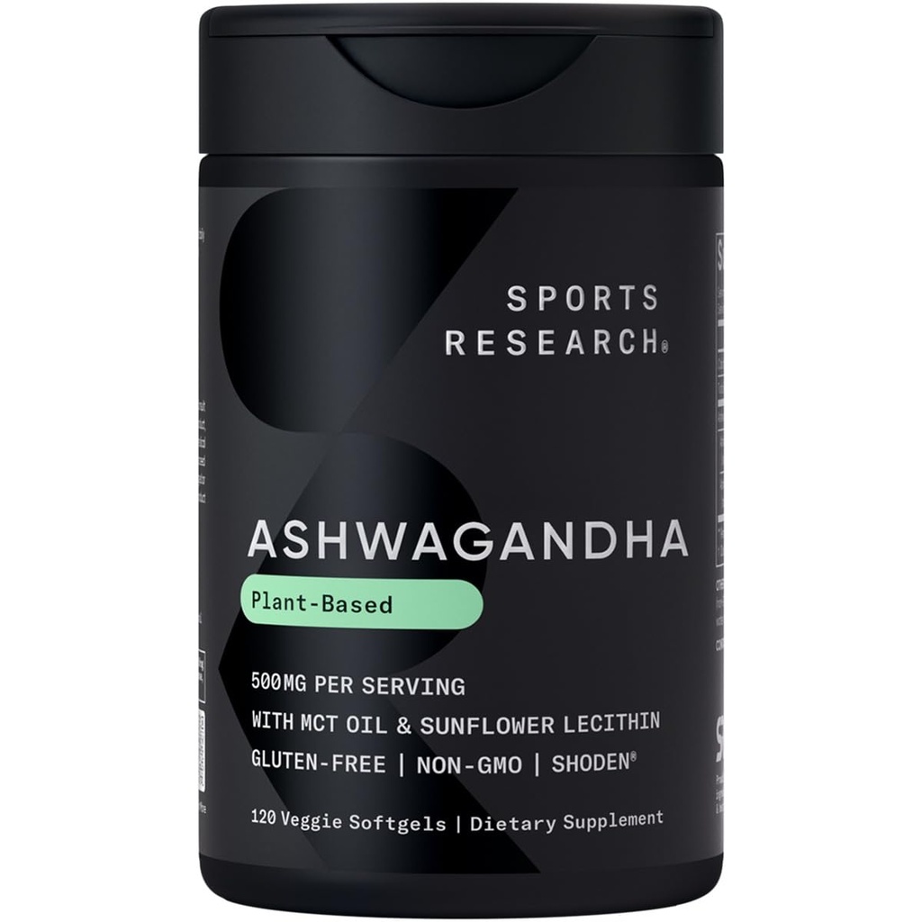 Sports Research® Ashwagandha Softgels with Coconut MCT Oil - Φυσικό Ayurvedic Adaptogen Made with Shoden® Ashwa for Relaxation, Calm & Sleep Support - Gluten Free & Vegan Friendly - 120 Count