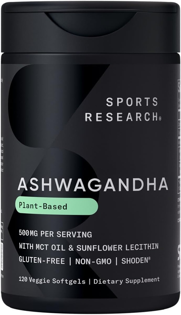 Sports Research® Ashwagandha Softgels with Coconut MCT Oil - Natural Ayurvedic Adaptogen Made with Shoden® Ashwaing, Calm & Sleep Support - Gluten Free & Vegan Dostu - 120 Kont