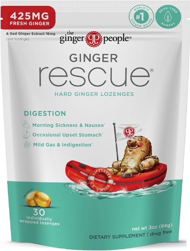 Ginger People Ginger Recovery Digestive Wellness Lozenges (Hard) | Regular Strength - 425 mg | Sabah Hastalığı, Nausea, Upset Stomach, Mild Gas & Indigestion, 30 Count (1.5)