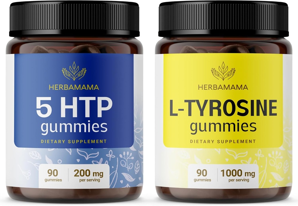 HERBAMAMA L-Tyrosine ve Beyin Destek Kit - 200 mg 5-HTP & 1000 mg L-Tyrosine Gummies - Vegan, Non-GMO, Gelatin-Free - 2 Pack