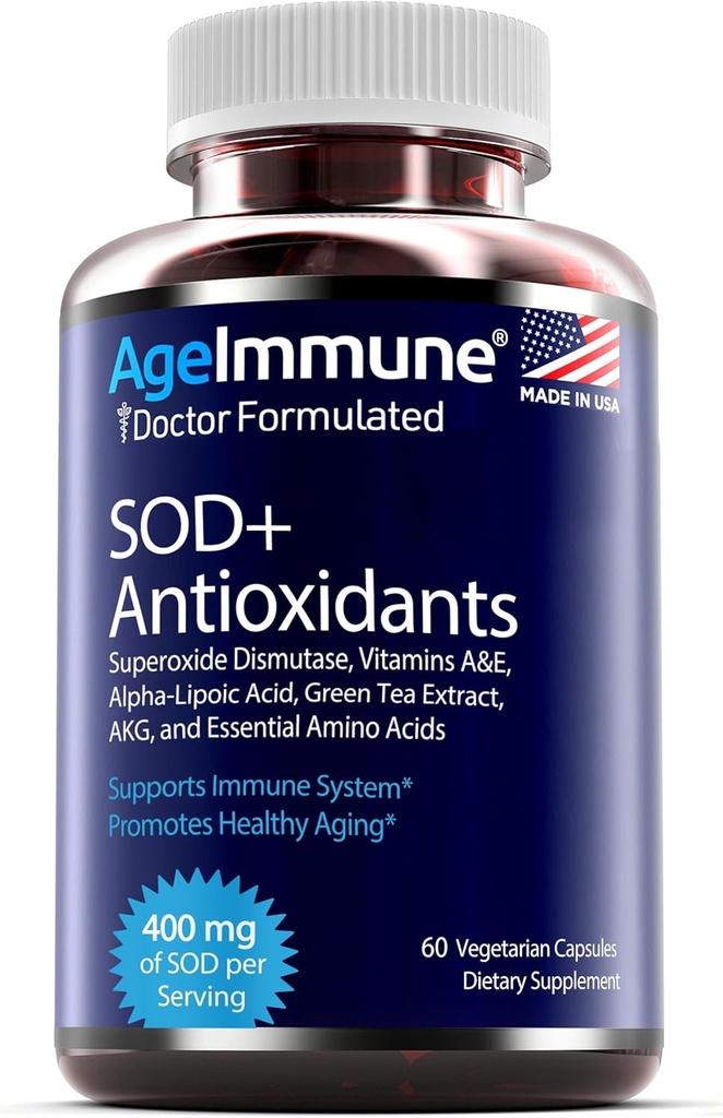 SOD Antioksis Kompleksi Sağlıklı Aging Supplement - 400 mg of Superoksiz Dismutase - Alfa Lipoic Acid - L-Arginine -Lysine - AKG - Vitamin A - Vitamin E for Immune Support-60 Capsules
