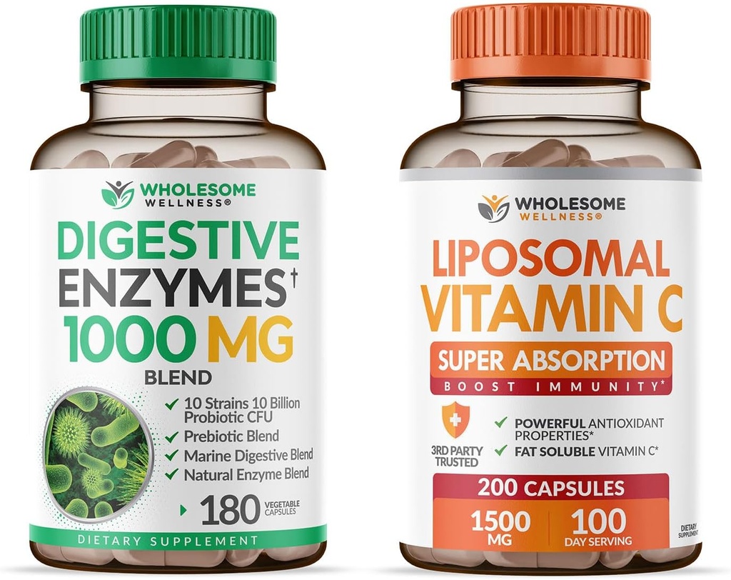 Allsome Wellness Digestive Enzymes 1000MG Plus Prebiyotiks & Probiyotiks + Liposomal Vitamin C Capsules (200 Pills 1500 mg Buffered)