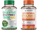 Allsome Wellness Digestive Enzymes 1000MG Plus Prebiyotiks & Probiyotiks + Liposomal Vitamin C Capsules (200 Pills 1500 mg Buffered)