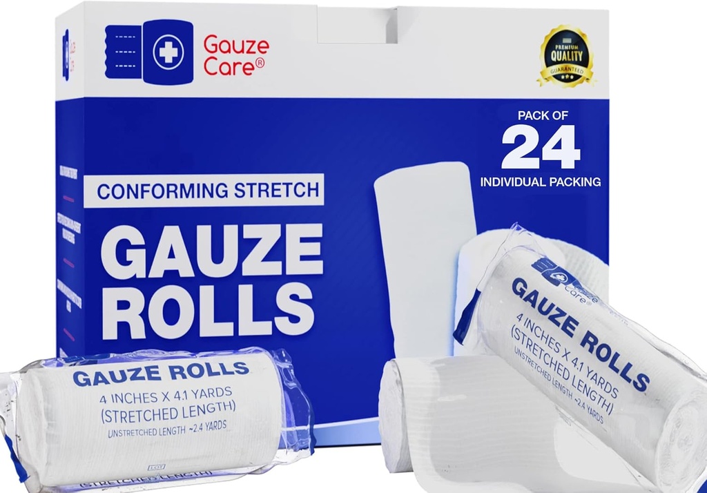 Gauze Rolls 24 - Premium Quality Lint ve Latex-Free 4 inç x 4.1 Yards Etkili Yara Bakımı ve Rahatlama için Tasarlanmış Bandages - Bir Mummy olarak kullanılmak için ideal