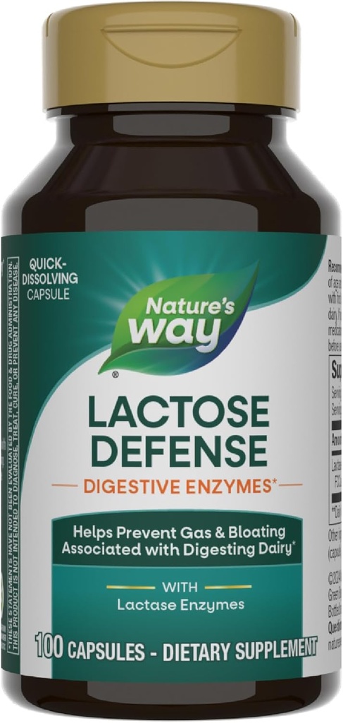 Nature's Way Lactose Defense, Digestive Enzymes*, Υποστηρίζει την Digestion of Dairy*, 690 mg λακτάσης ανά 3-Capsule Serving, 100 κάψουλες (Packing May Vary)