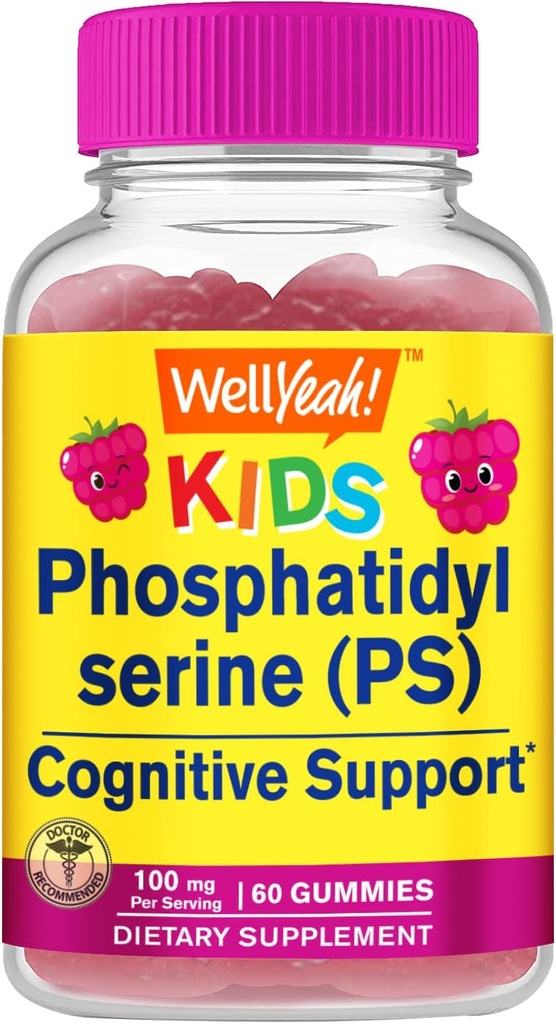WellYeah Kid's Phosphatidylserine Gummies (100mg) Phosphatidylserine Supplement | Cognitive Support | Raspberry Flavor | Gluten Free, Non GMO | 60 Count
