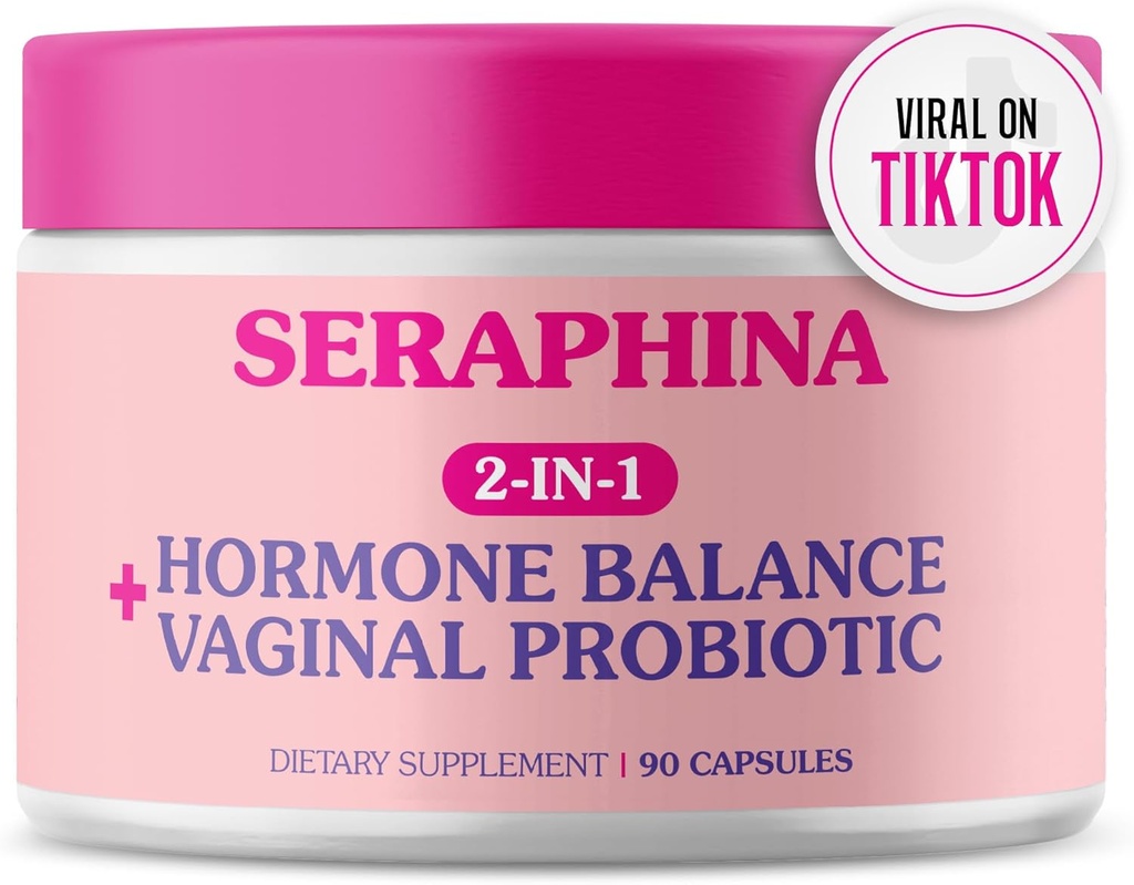 Seraphina Vaginal Probiyotiks 2in-1 for Women + Hormon Balance - 90 Capsules Complete Feminine Care, PMS & Urinary Tract Health, Prebiyotik Mix, 10 Milyar CFU, 6 Strains (90 Kont)