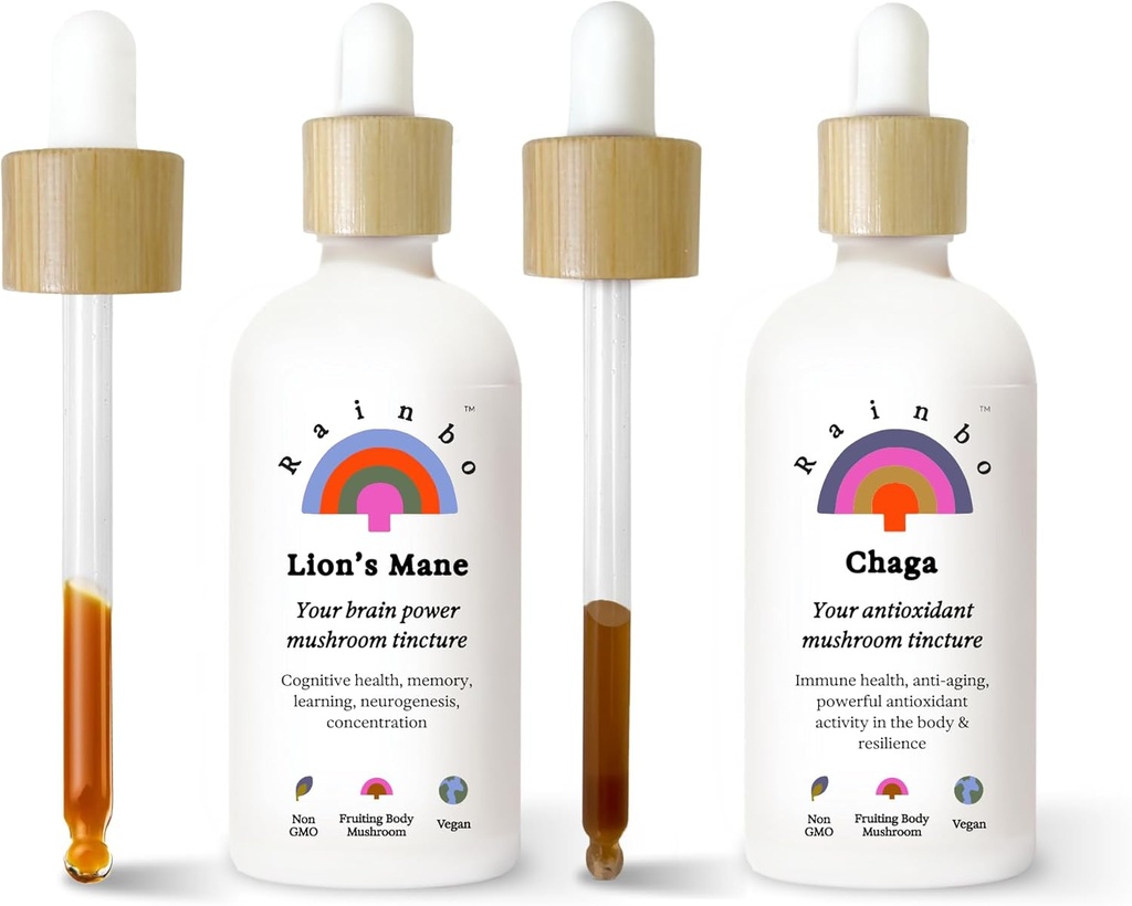 Rainbo Mushroom Bundle, Mane Mushroom Extract + Chaga Mushroom Tincture, Dual Extract Daily Mushroom Tinctures for Complete Immune Support, Vegan Liquid Mushroom Συμπληρώματα