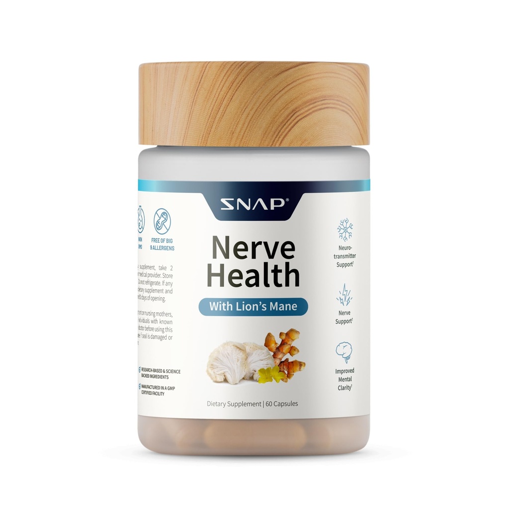 Snap Supplements Nerve Health Support with Lion's Mane, Organic Turmeric & Herbs – Supports mental Clarity, Memory, Focus & Nerve Function – 60 Capsules