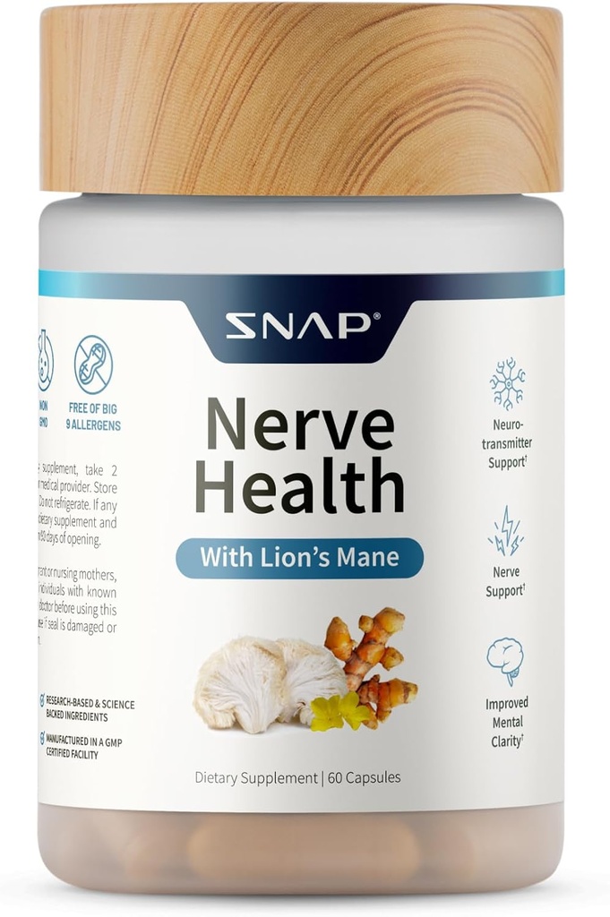 Snap Supplements Nerve Health Support with Lion's Mane, Organic Turmeric & Herbs – Supports mental Clarity, Memory, Focus & Nerve Function – 60 Capsules