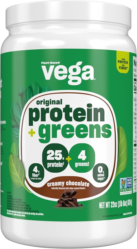 Vega Protein ve Yeşiller Protein Tozu, Çikolata - 20g Plant bazlı Protein Plus Veggies, Vegan, GMO, Kadın ve Erkekler için Pea Protein, 1.3 lbs