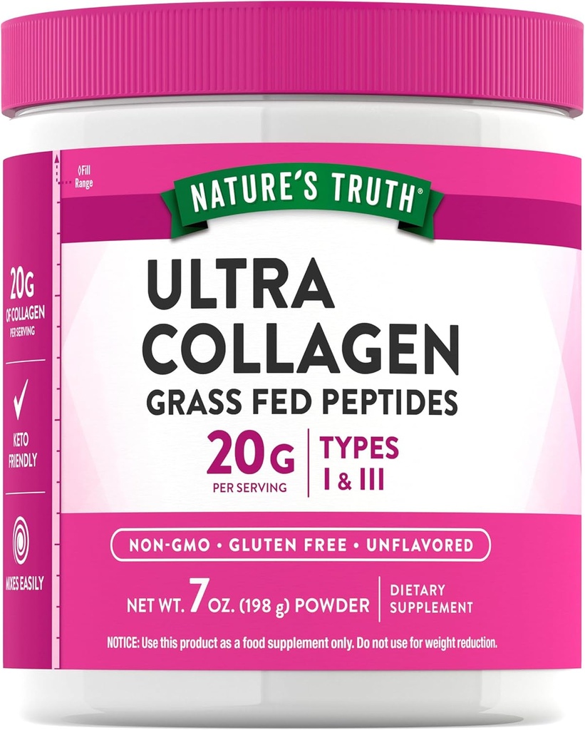 Nature's Truth Collagen Toz | 7 oz | Tip I ve III | Unflavored | Grass Peptides and Keto Friendly | Non-GMO & Gluten Free Supplement