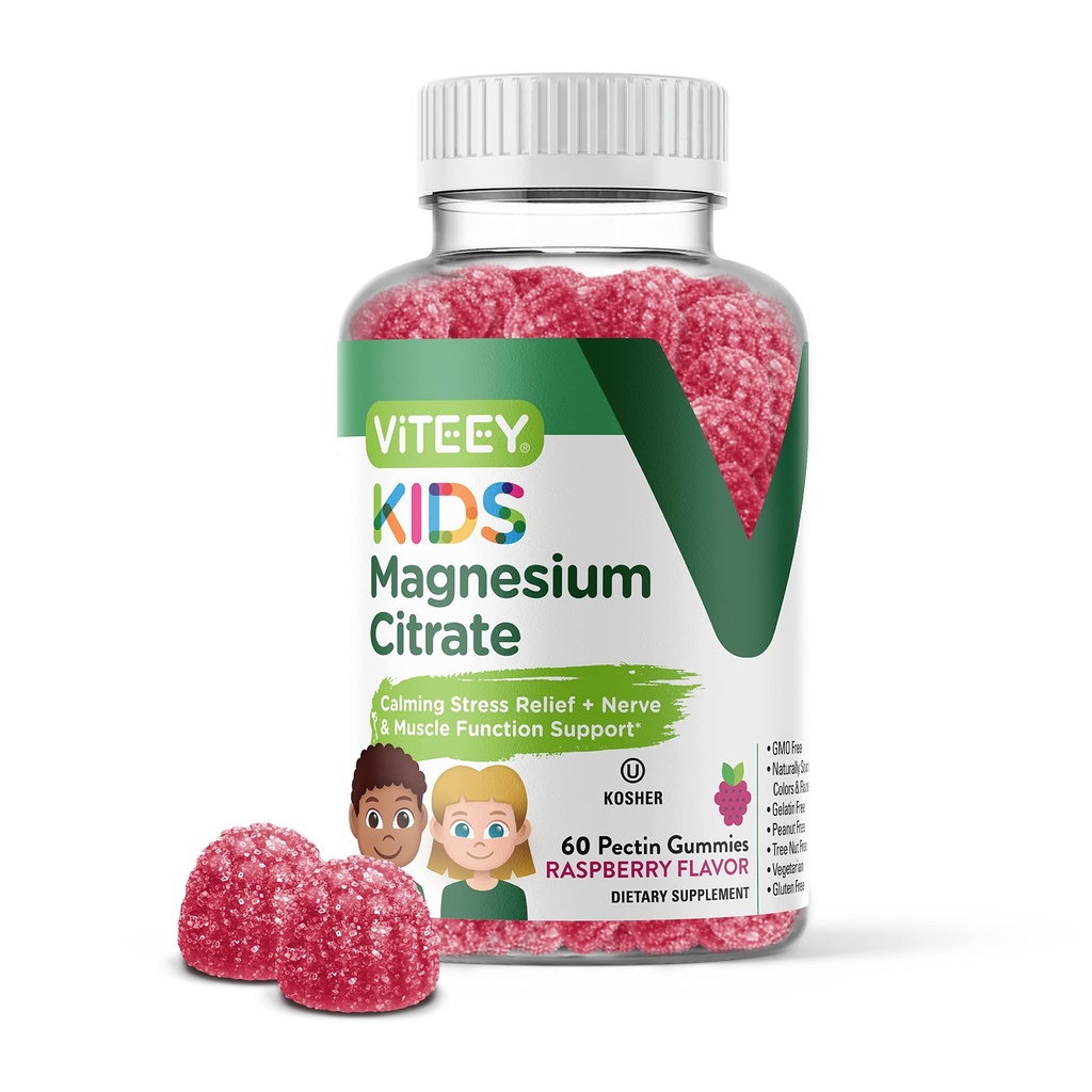Viteey Kids Magnezyum Citrate Gummies - Destekler Sleep Aid, Calm Gummies, Kas Relaxer, Optimal Rahatlama - Vegetarian, Gelatin Free, Gluten Free, GMO Free - Tasty Chewable Raspberry Flavored Gummy