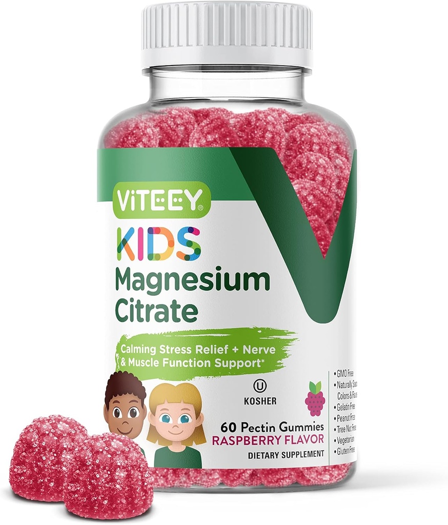 Viteey Kids Magnezyum Citrate Gummies - Destekler Sleep Aid, Calm Gummies, Kas Relaxer, Optimal Rahatlama - Vegetarian, Gelatin Free, Gluten Free, GMO Free - Tasty Chewable Raspberry Flavored Gummy