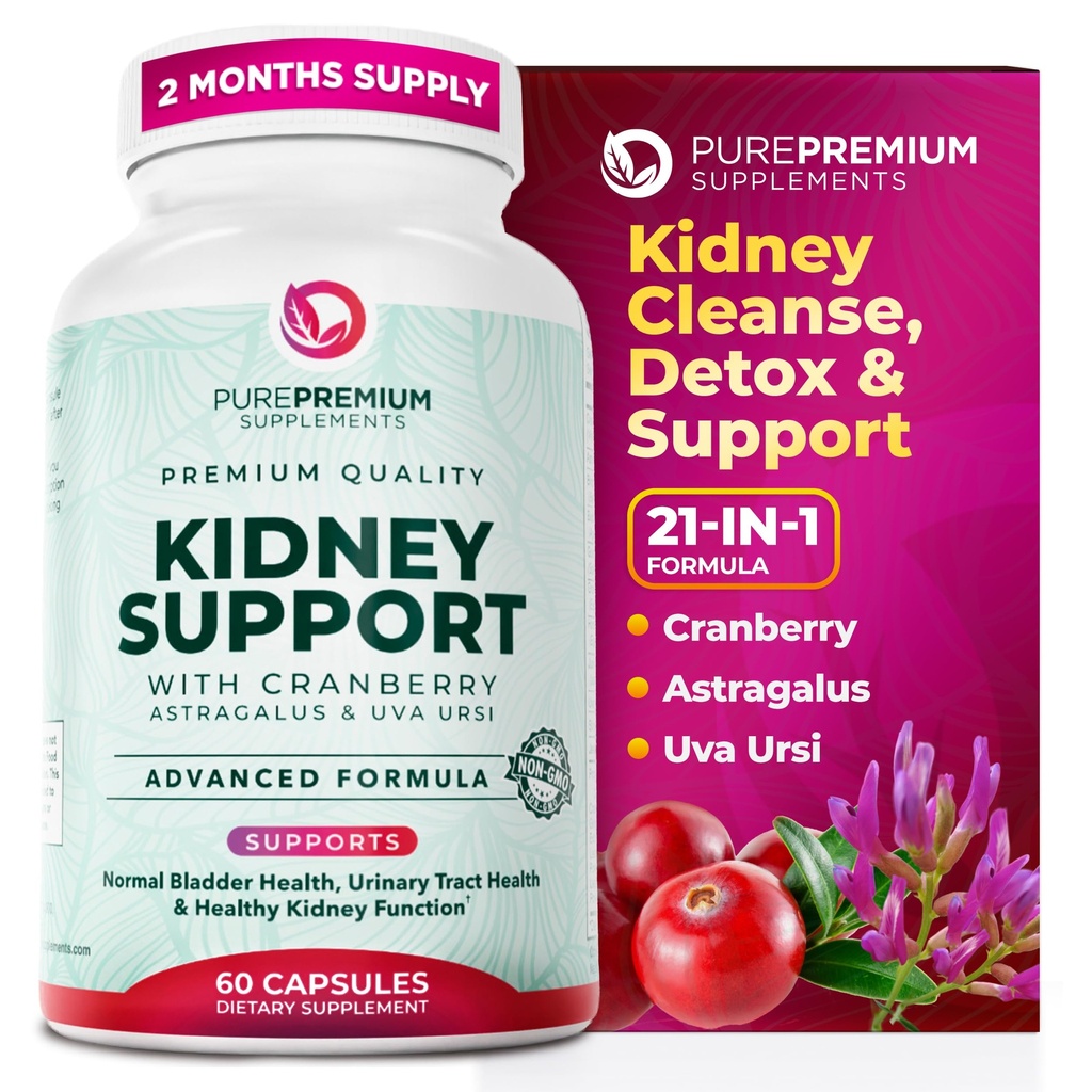 PurePremium Kidney Support Supplement – Kidney Cleanse Detox & Tamir with Cranberry Extract & Astragalus - 21-in-1 Kompleks Destekler Normal Bladder, Urinary Tract & Kidneys Health - 60 Day Supply