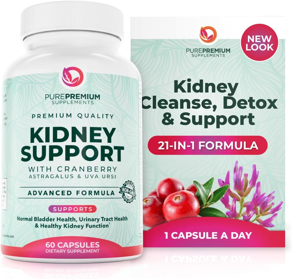 PurePremium Kidney Support Supplement – Kidney Cleanse Detox & Tamir with Cranberry Extract & Astragalus - 21-in-1 Kompleks Destekler Normal Bladder, Urinary Tract & Kidneys Health - 60 Day Supply