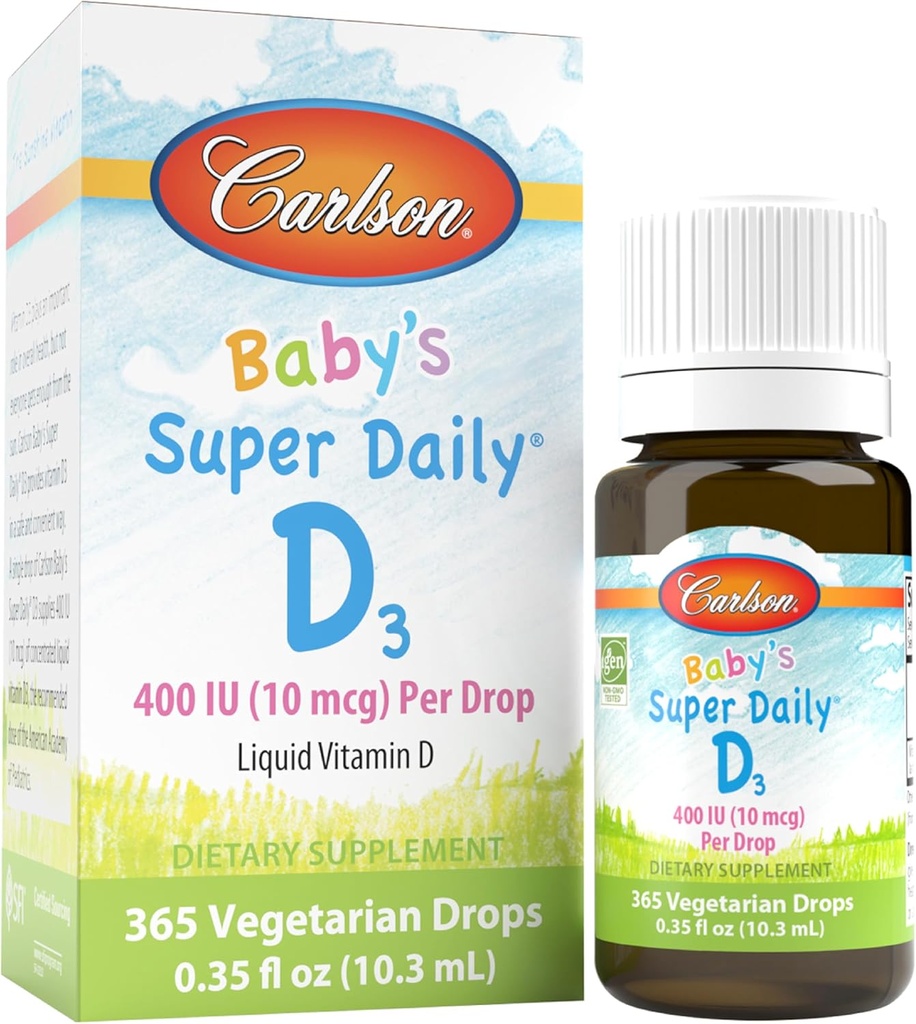 Carlson - Baby's Super Daily D3, Baby Vitamin D Drops, 400 IU (10 mcg) per Drop, 1-Year Supply, Vegetarian, Liquid Vitamin D for Infants and Toddler, Unflavored, 365 Drops