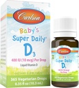 Carlson - Baby's Super Daily D3, Baby Vitamin D Drops, 400 IU (10 mcg) per Drop, 1-Year Supply, Vegetarian, Liquid Vitamin D for Infants and Toddler, Unflavored, 365 Drops