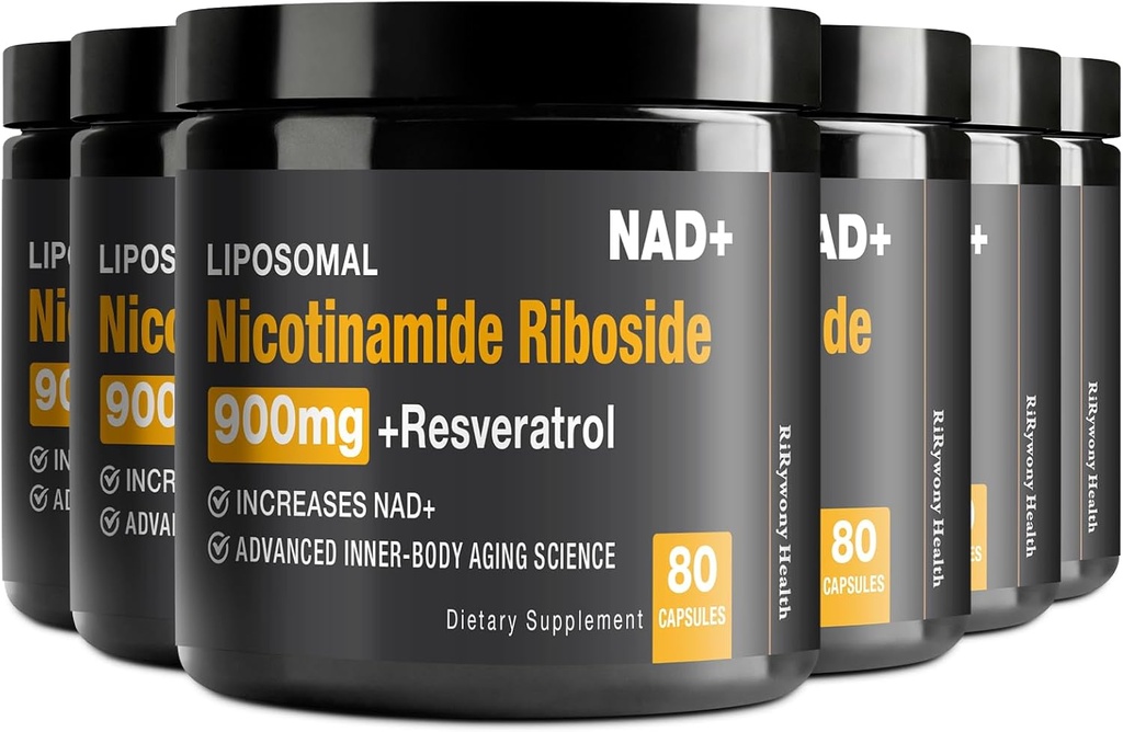 NAD Supplement - NAD+ ile Nicotinamid Riboside (NR) ve Resveratrol Quercetin 900 mg Pure Organic NAD Plus for Cellular Beauty Aging Brain Function, 80 Capsules (Pack of 6)