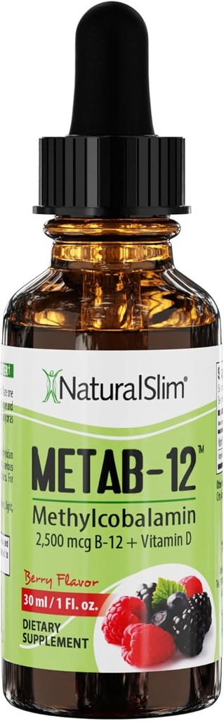 NaturalSlim Liquid B12 Βιταμίνες με Βιταμίνη D - Metab-12 Methylcobalamin 2500 mcg B12 Υπογλώσσιες σταγόνες για Μεταβολισμό, Ενέργεια, & Ανοσολογική Υποστήριξη - Berry Flavor 1 fl oz