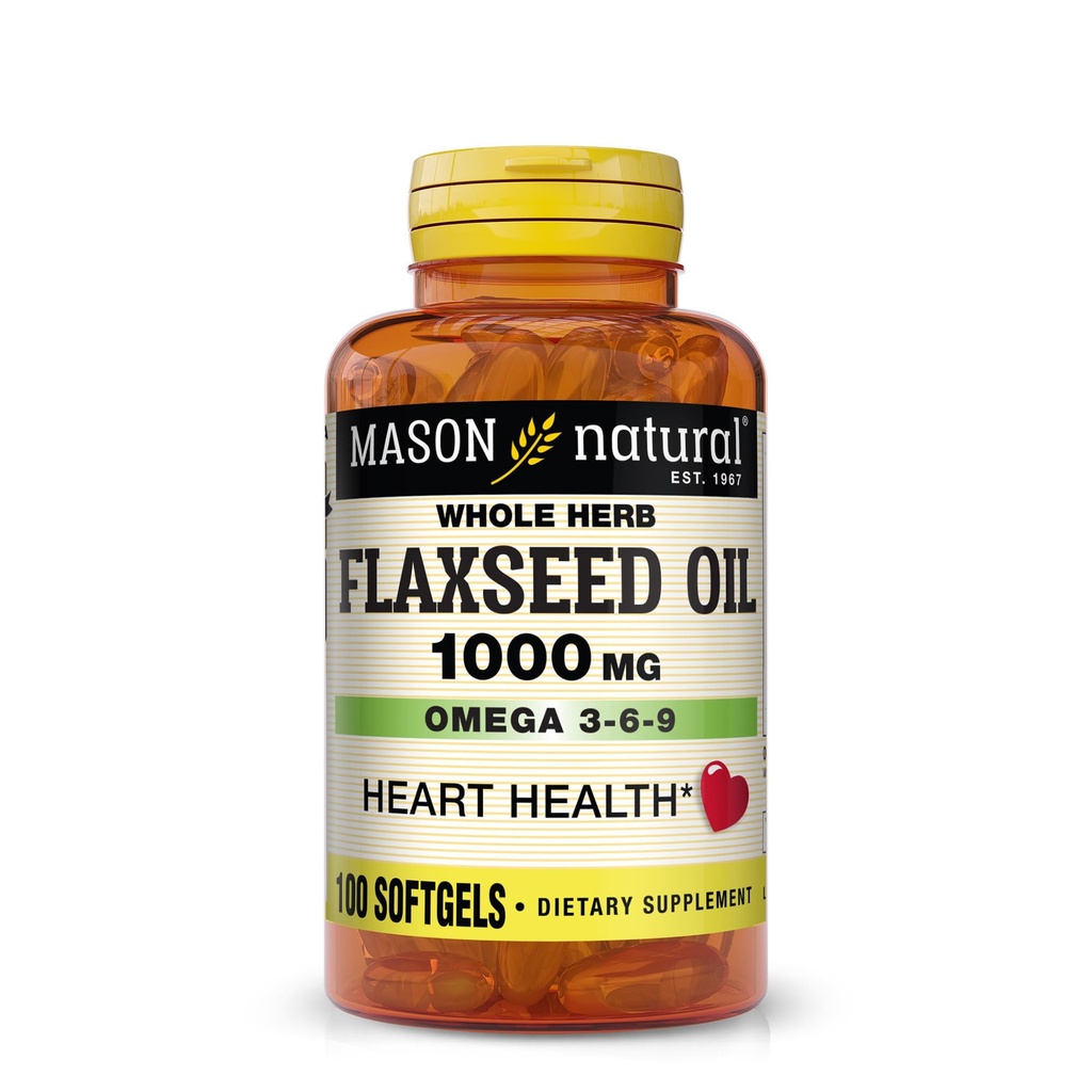 MASON NATURAL Flaxseed Oil 1000 mg - Omega 3-6-9 Kalp Sağlığı için Yumuşak Kadın - Soğuk Havali - Tüm Herb Supplement - Gluten-Free, Non-GMO, 100 Softgels