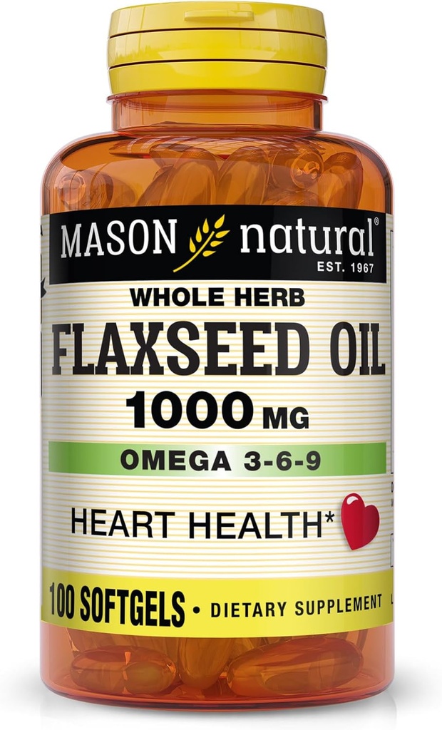MASON NATURAL Flaxseed Oil 1000 mg - Omega 3-6-9 Kalp Sağlığı için Yumuşak Kadın - Soğuk Havali - Tüm Herb Supplement - Gluten-Free, Non-GMO, 100 Softgels