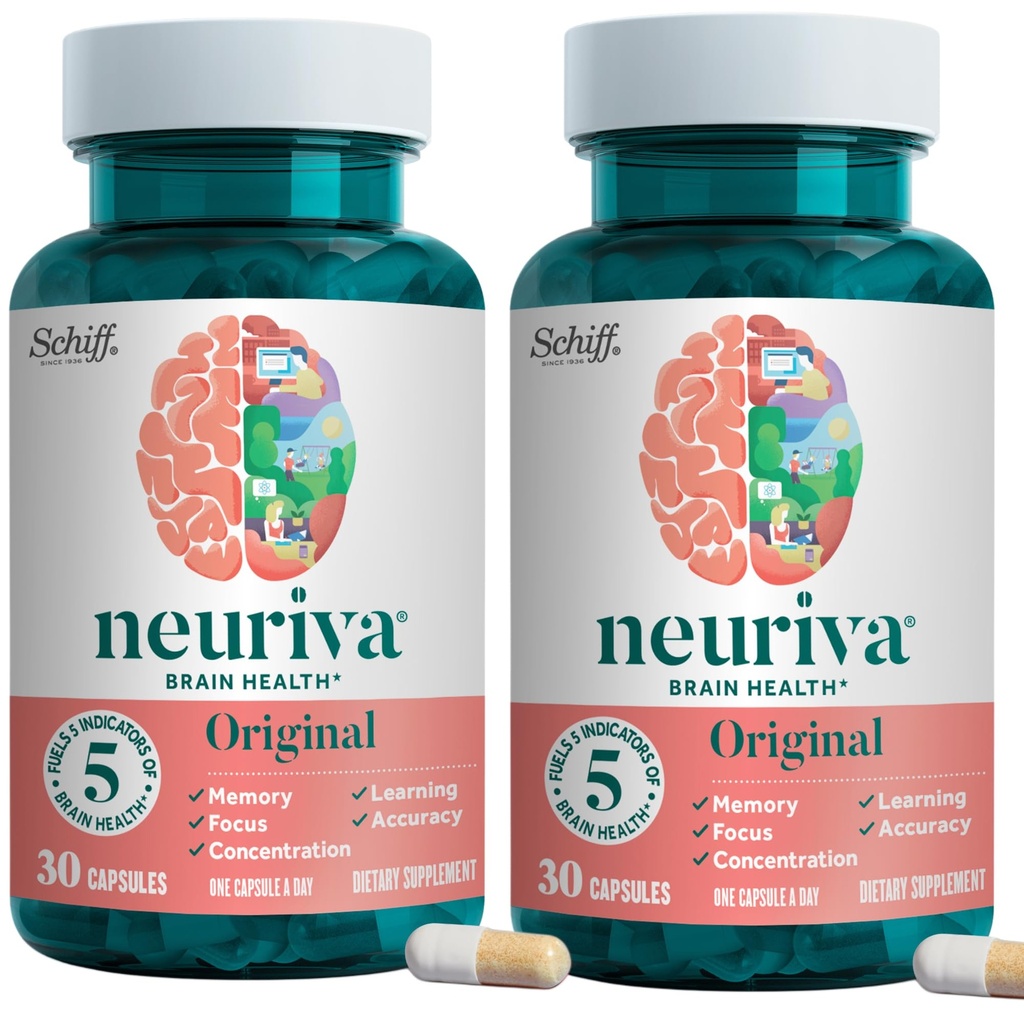 NEURIVA Original Brain Supplement for Memory, Focus & Concentration + Learning & Accuracy with Clinically Tested Nootropics Phosphatidylserine and Neurofactor, Caffeine Free, 30 Capsules (2 Pack)