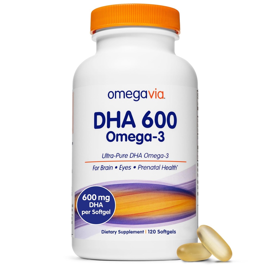 OmegaVia DHA 600 mg, Ultra Pure Omega-3 DHA Beyin ve Gözler için DHA Prenatal Vitaminler, Burpless Fish Oil Omega 3, IFOS Tested, 120 Softgels