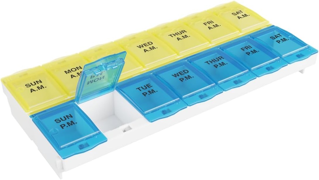 EZY DOSE Pill Organizer Weekly AM/PM (7-Day), Tıp Planlayıcı, Vitamin Case/Box, 2X-Large Locking Karşılaştırmaları Güvenli Reçeteli ve Kazalı Spilling, Blue ve Sarı, BPA Free